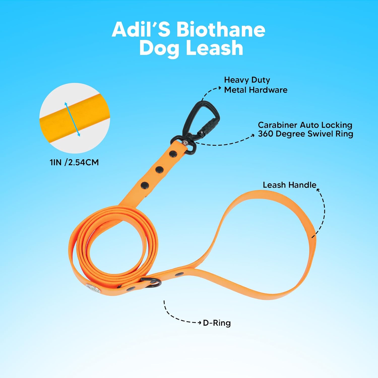 Adil’s Biothane Dog Leash - Waterproof Leashes for Dogs, Metal Hook, Adjustable 5ft Length Suitable for Dogs & Puppies, Ideal for Walking, Running & Training